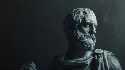 Obraz premium A close-up of a marble bust of Socrates, a Greek philosopher, against a dark background. The bust is lit from the right, highlighting the intricate details of his face and beard.