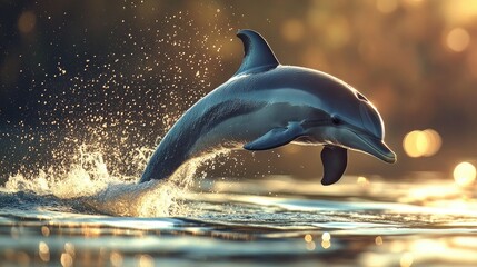 A close-up of a Ganges river dolphin jumping out of the water, its smooth body glistening in the sunlight.