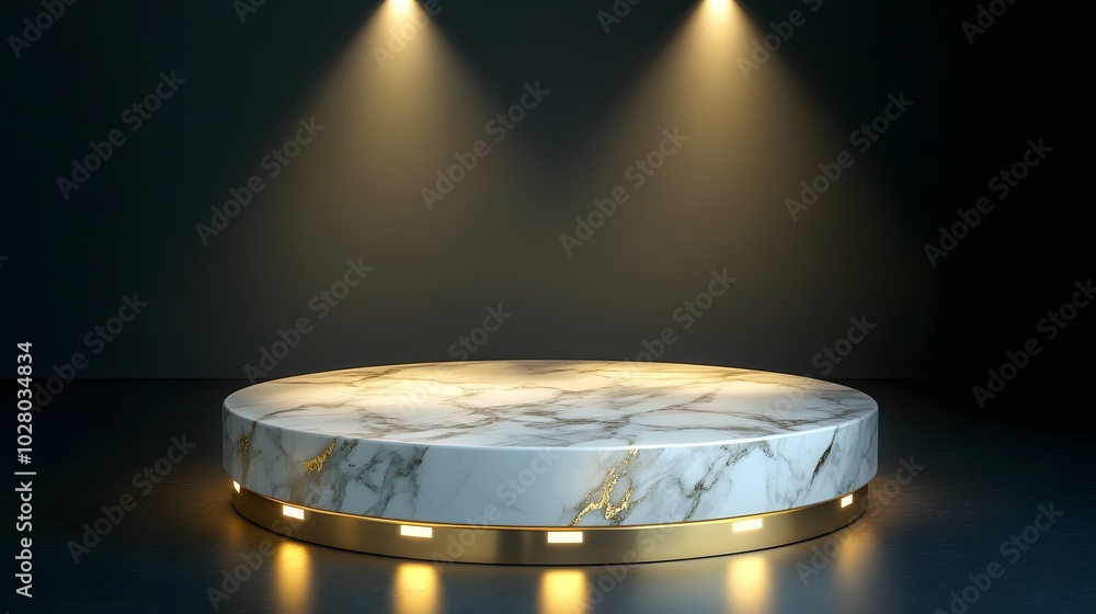 Poster a circular marble display platform illuminated by spotlights in a dark setting.