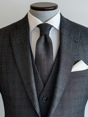 Tailored suit with a neutral color palette on a charcoal gray background