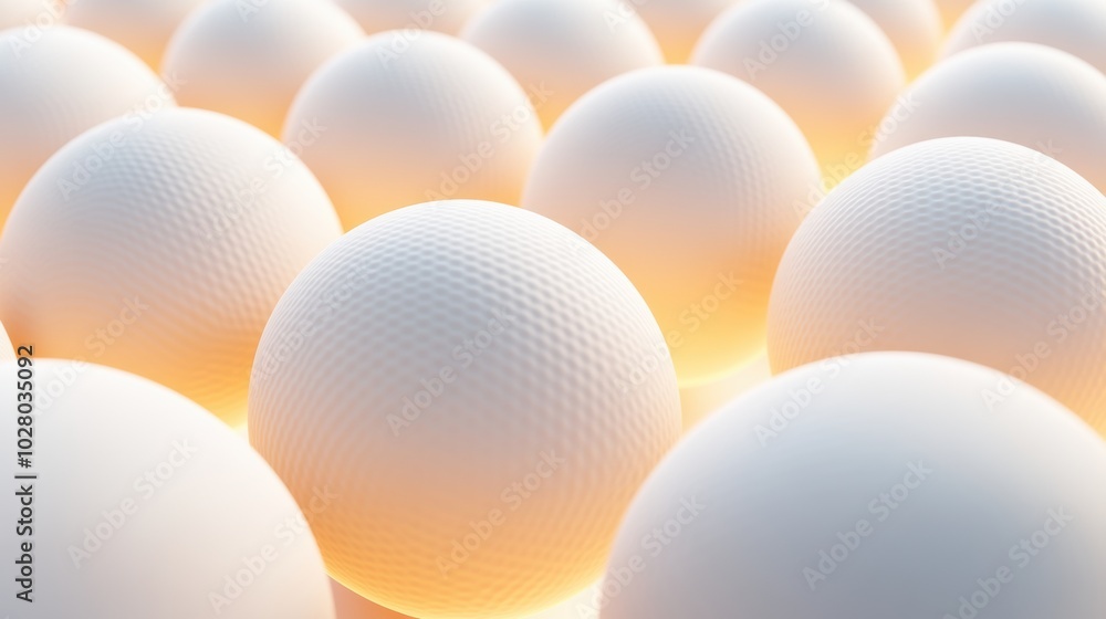 Poster rows of textured spheres glow with a warm, ambient light, creating a serene pattern, ai