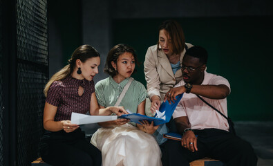 A diverse group of young professionals engaged in a collaborative meeting, exchanging ideas and discussing documents in an office setting. The scene highlights teamwork, communication, and strategic