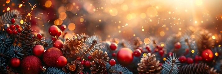 Christmas background with red baubles, fir cones and lights bokeh background.  Space for text. Copy space. Greeting card.