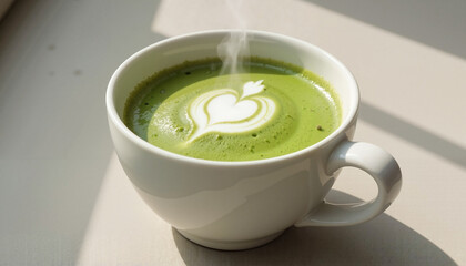 Steaming cup of matcha latte with latte art in soft light