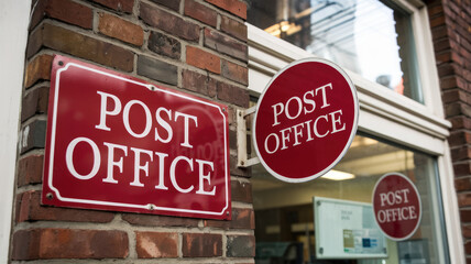 A red sign with the word Post Office written on it is hanging on a brick wall