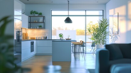 Fototapeta premium Modern Dynamic Kitchen with Sleek Furniture and Light