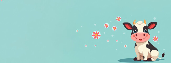 Cow sitting, smiling cow looking at camera, cartoon drawn circles with flowers inside circles flying around cow head, blue pastel solid background