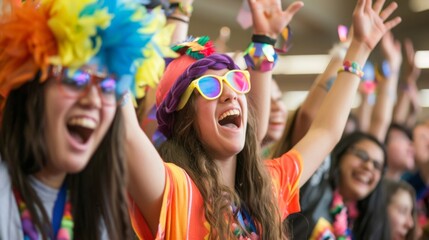 A young woman in colorful sunglasses and a feather headdress throws her hands in the air as she cheers with a crowd of people.
