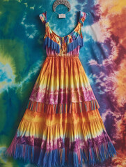 Tie-dye colorful maxi dress with fringe detailing on a rainbow colored vibrant background