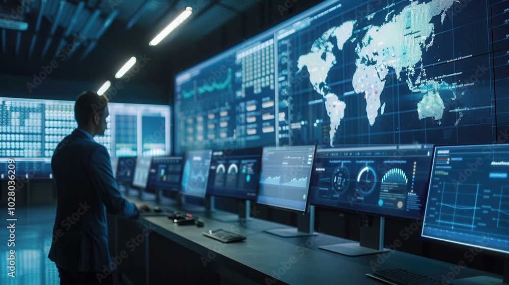 Poster a professional monitors multiple screens displaying delivery updates and route optimization in a hig