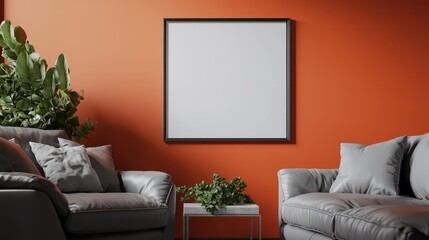 Living room with an orange wall, frame mockup, grey leather seating, and natural greenery on a side table in ultra HD