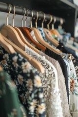 Fototapeta premium A close-up of a rack of clothes, showcasing a variety of fabrics and patterns. The colors are muted, giving the image a calm and organized feel.