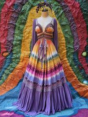 Fototapeta premium Tie-dye colorful maxi dress with fringe detailing on a rainbow colored vibrant background
