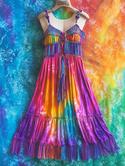 Fototapeta premium Tie-dye colorful maxi dress with fringe detailing on a rainbow colored vibrant background
