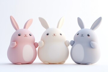 Three rabbits are standing next to each other, with one blue, one pink