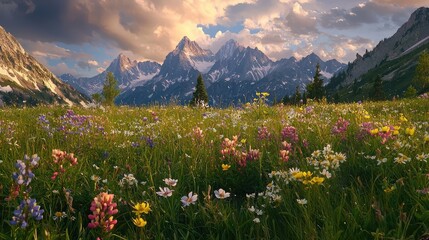 Vibrant Alpine Meadow Under Scenic Mountain Sky