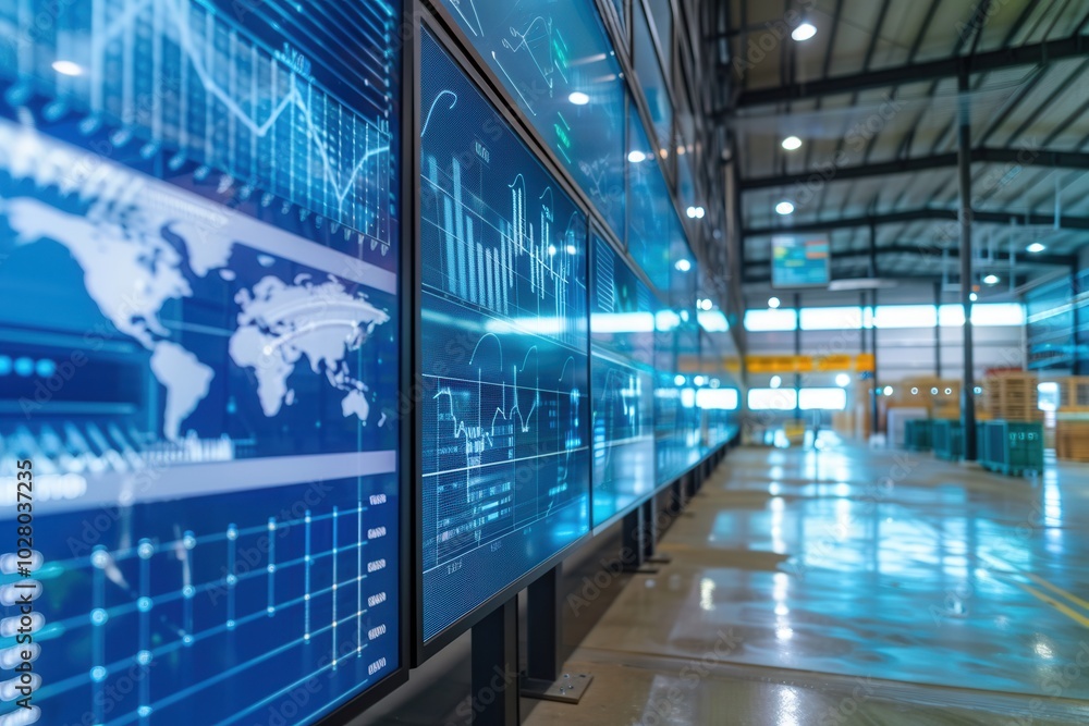 Poster the logistics control center features large screens showcasing real-time delivery routes and operati