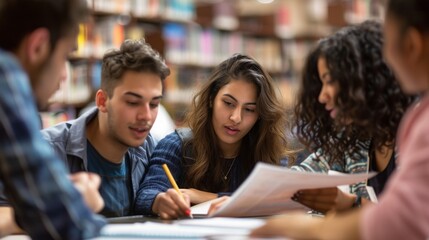Group of young adults studying together in a library. They are focused on their work and seem to be collaborating.