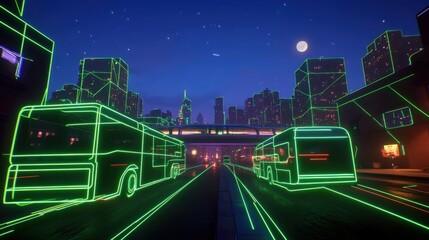 Futuristic cyberpunk cityscape at night with sleek bus and monorail on neon green glowing lines, modern skyline. 