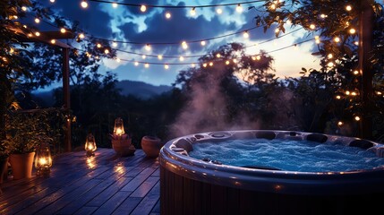 Obraz premium Serene Deck with Hot Tub and Twinkling Lights