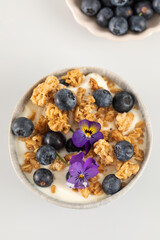 A healthy nutritious breakfast of natural Greek yoghurts, granola and fresh berries 