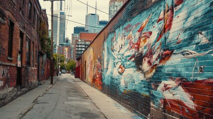 Fototapeta premium Colorful Mural on Urban Brick Wall in Alley