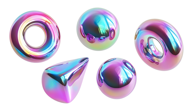 Collection of Iridescent Shapes Isolated on a White Background Generative AI
