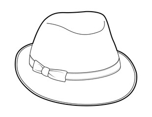 Fedora Hat with band and bow. Head Fashion accessory cap clothing technical illustration. Vector headgear for Men, women, unisex style, flat template CAD mockup sketch outline isolated