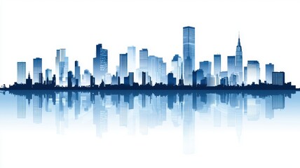 Obraz premium Blue skyline silhouette with reflection on a white background.