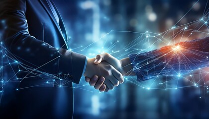 Business Network Concept Depicting Customer Support, Digital Technology Connecting Handshakes, and Collaboration in a Seamless Web of Professional Relationships for Enhanced Service Delivery and Commu