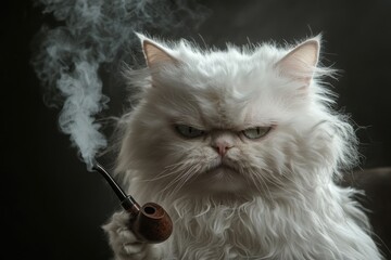 White cat with messy dishevelled hair, with grumpy face, holding smoking pipe, depicting the state of staying up late