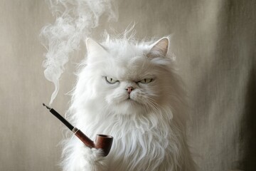 White cat with messy dishevelled hair, with grumpy face, holding smoking pipe, depicting the state of staying up late