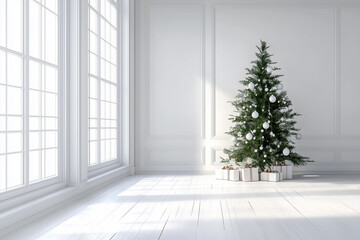 Modern Christmas Tree in a White Room with Cozy Holiday Decor 3D Render for Festive Home Interiors