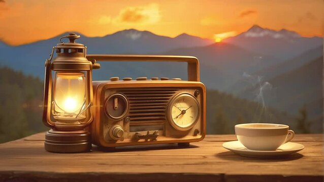 An old radio sits on a table, accompanied by a lantern and a book, all set against the backdrop of a beautiful sunset sky with colorful clouds. The lamp is lit, casting a warm glow over the scen AI .