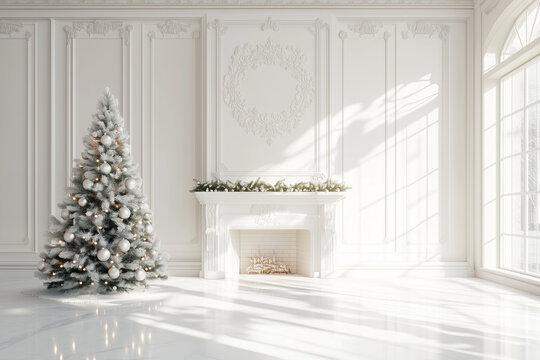 Modern Christmas Tree in a White Room with Cozy Holiday Decor 3D Render for Festive Home Interiors
