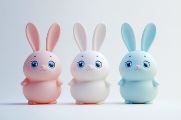 Fototapeta premium Three rabbits are standing next to each other, with one blue, one pink