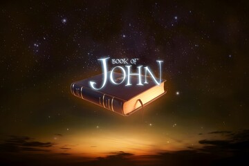 A glowing Bible floats against a dark, starry sky, with Book of John written in radiant blue letters, casting a soft glow on the surrounding darkness.