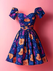 Vintage-inspired dress with bold patterns and bright colors on a retro pink background