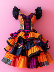 Vintage-inspired dress with bold patterns and bright colors on a retro pink background