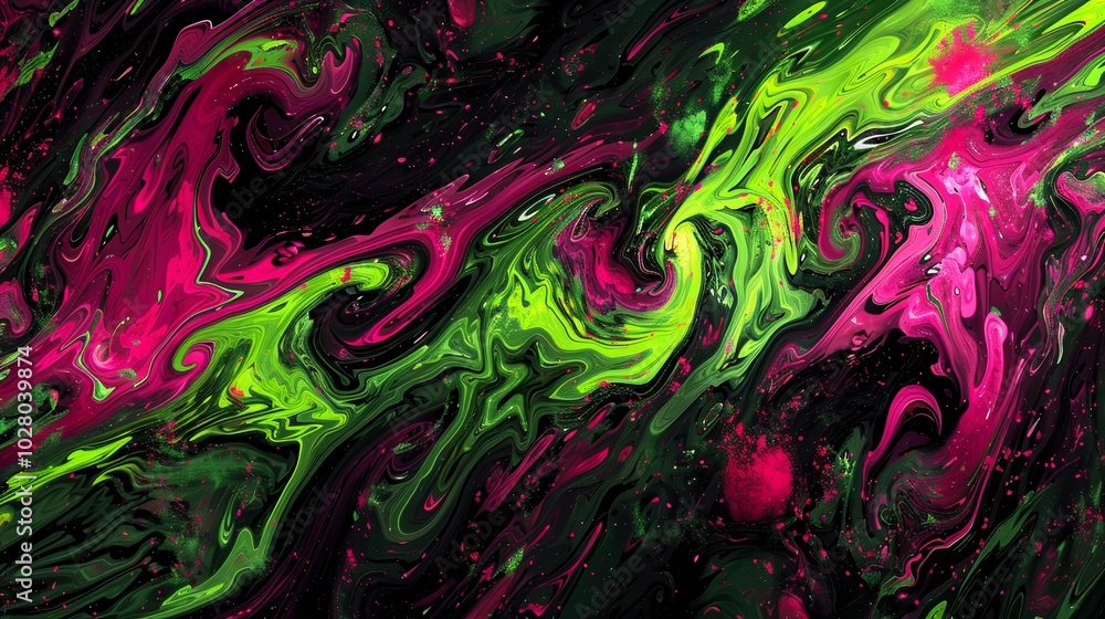 Poster Abstract background showcasing a mesmerizing blend of green and pink fluid acrylic paint, creating a dynamic and visually captivating composition