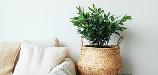 Indoor plant in a woven basket beside a cozy couch against a neutral wall.