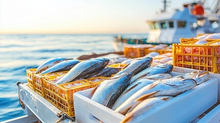 Modern fishing vessel loaded with fresh seafood, ready for export against a calm ocean backdrop, 