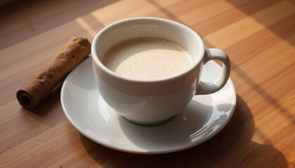 Fototapeta premium Warm milk in a white cup with a cinnamon stick on a wooden table