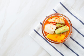 Asinan Buah or Indonesian pickled mixed fruits, spicy sweet and sour taste. with copy space. perfect for recipe, article, catalogue, or any commercial purposes.