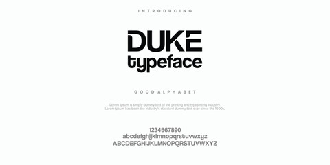 Duke Typeface Creative font. Modern abstract digital tech font. Logo creative font, type, technology, movie, digital, music, movie. Fonts and illustration in vector format.