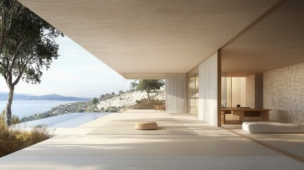 Modern architectural design with scenic outdoor view and minimalistic interiors.