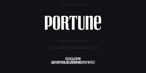 Portune modern abstract digital alphabet font. Minimal technology typography, Creative urban sport fashion futuristic font and with numbers. vector illustration