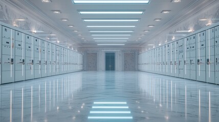 Obraz premium Modern corridor with lockers in a bright, abstract space.