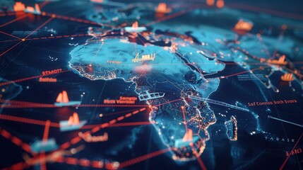 The map illustrates extensive transport routes and icons, revealing vital connections between significant global locations. Generative AI