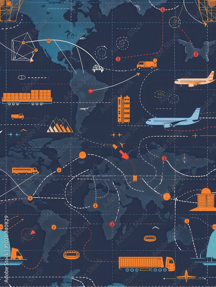 Aufkleber highlighted transport routes connect various global locations, featuring diverse icons representing 